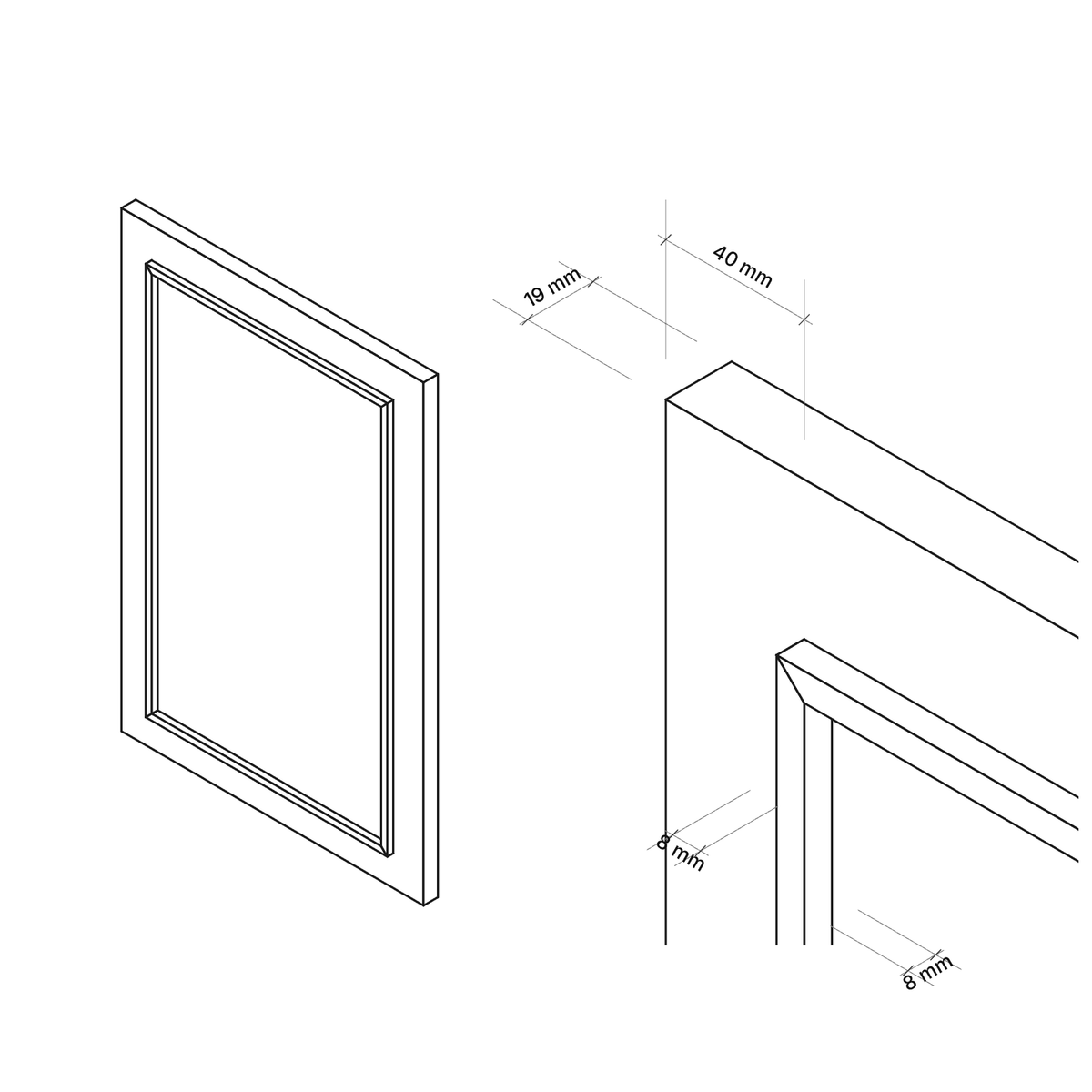 Façade Rinku Paris en axonométrie : baguettes 8 × 8 mm en coupe d'onglet, à 40 mm du bord